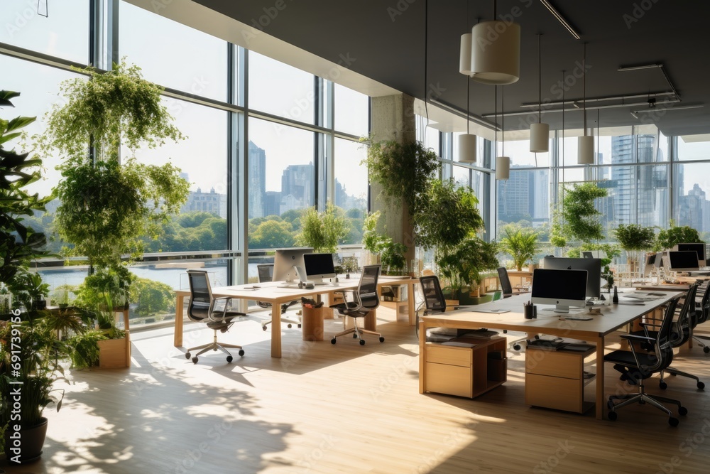 Office interior overlooking city through large windows