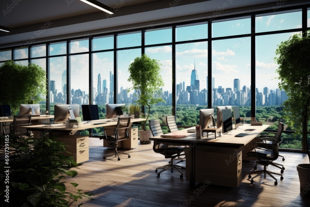 Fototapeta premium Office interior overlooking city through large windows