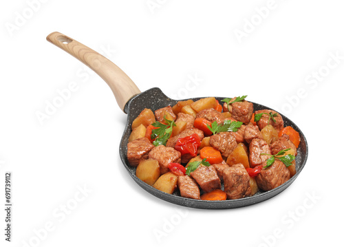 Frying pan with delicious goulash isolated on white
