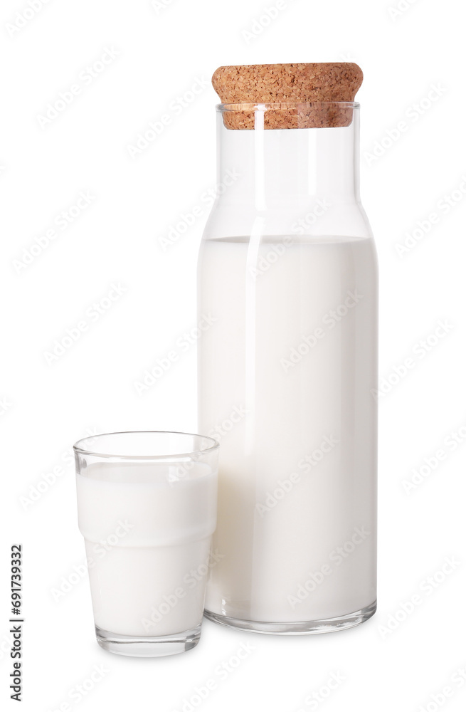 Carafe and glass of fresh milk isolated on white Carafe and glass of fresh milk isolated on white