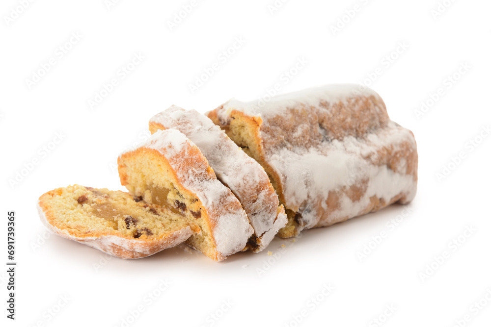 Tasty Christmas stollen on white background Tasty Christmas stollen on white background