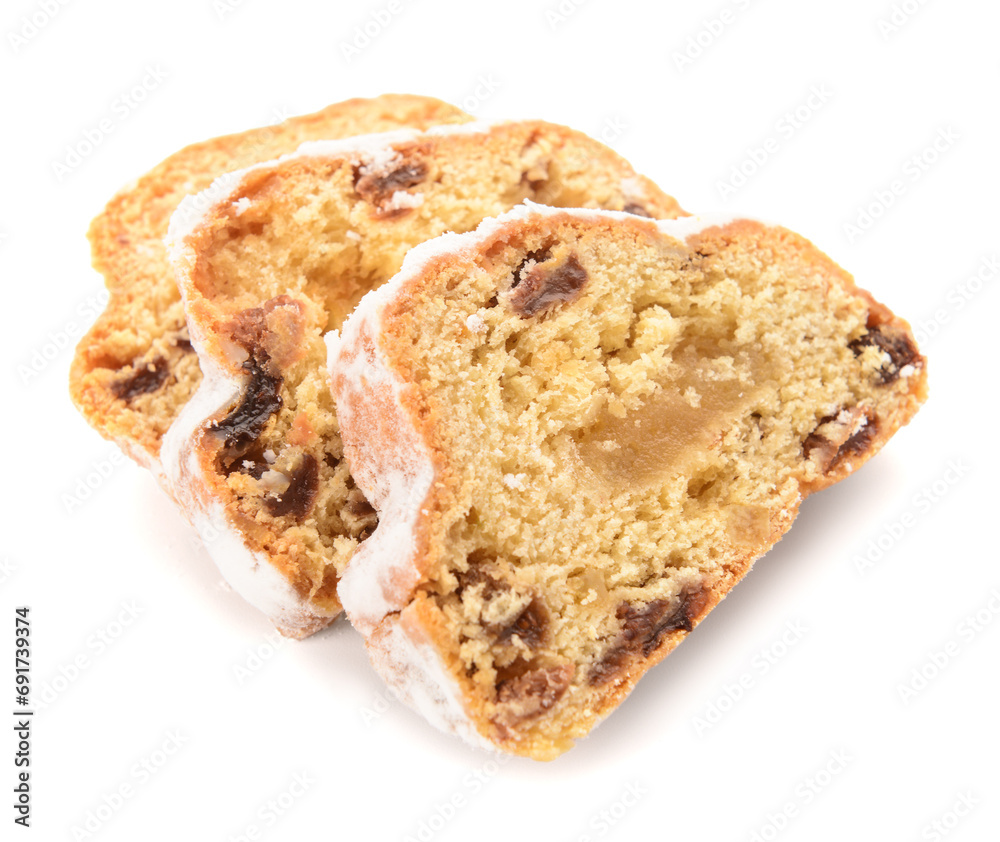 Slices of tasty Christmas stollen on white background Slices of tasty Christmas stollen on white background
