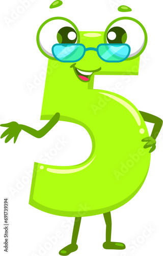 Cartoon funny math number five character. Arithmetic teacher number, school math or kids education funny numeric symbol isolated vector personage. Mathematics 5 digit cute character in glasses