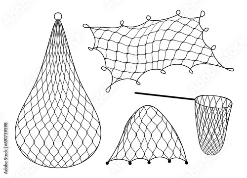 Gillnet or gill and fish trap, bottom net of fishing and fishery industry, vector icons. Fishnet or fisher net trap for angling or hunting, fisherman hoop net or gill and fish cage catcher photo