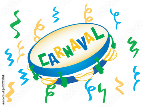 Carnaval over colorful tambourine. Brazilian popular festival. Vector illustration isolated on transparent background