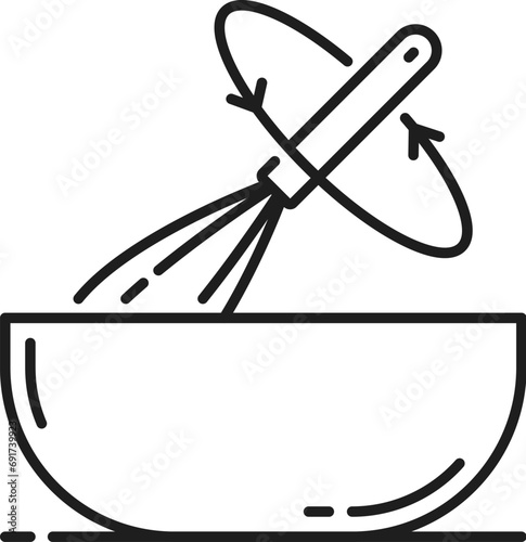 Cooking whisk with bowl icon. Mixing ingredients. Baking dish, home bakery and pastry food in bowl outline. Dough filling mixing