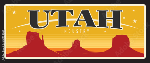 Utah USA state travel plate, tourist destination. America region retro sign, old plaque with grand canyon, vintage typography vector. USA travel souvenir plate, US Utah, Salt Lake City capital