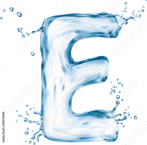 Realistic letter e water font, flow splash type, liquid aqua typeface, transparent wet english alphabet resembles fluid, graceful wave. Its contours flow smoothly, embodying the fluidity and elegance