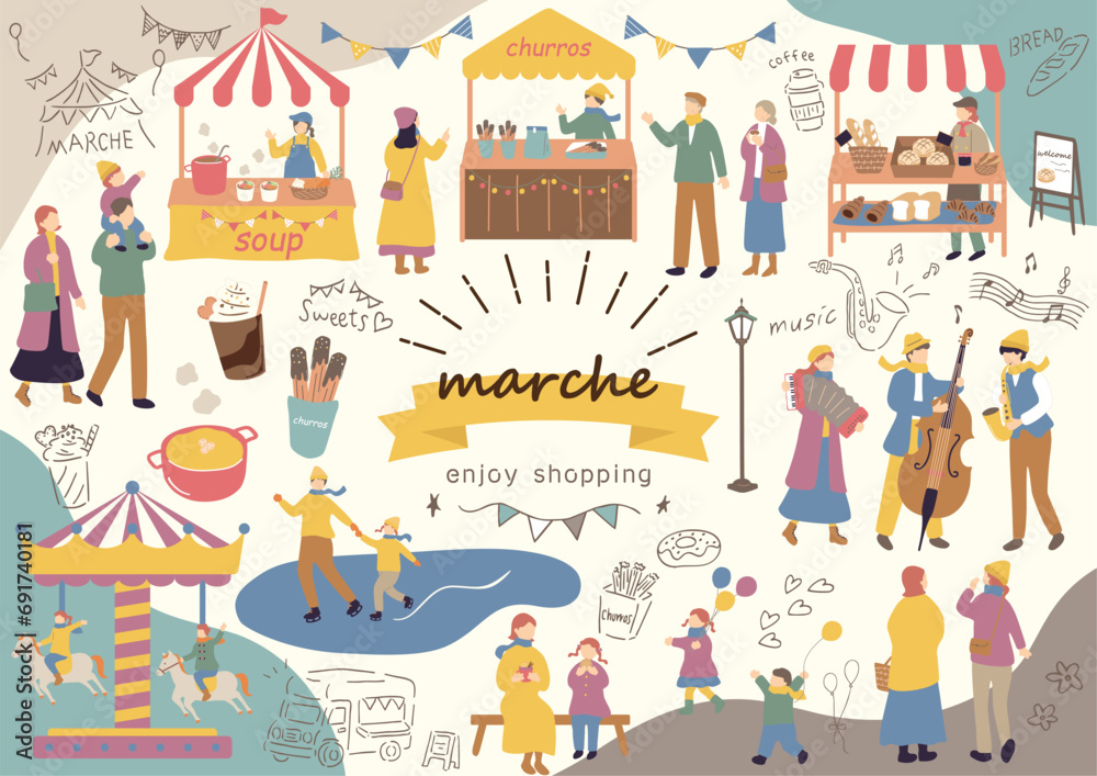 Fototapeta premium マルシェ 休日のマーケットで楽しむ人々