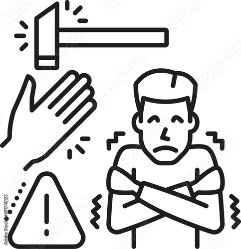 Human traumatophobia phobia icon, mental health. Fear of having injury, mental disorder, people psychology problem line vector sign or symbol with scared man, hand and hammer
