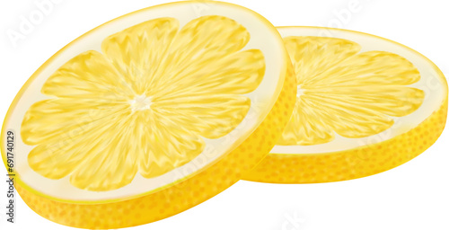 Realistic ripe yellow lemon citrus fruit slices. Isolated 3d vector round bright, zesty, and refreshing pieces burst with citrusy flavor, adding burst of sunshine to culinary creations and beverages photo
