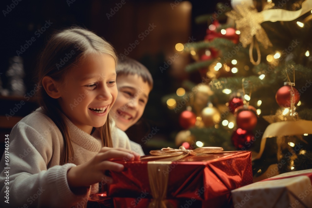 Happy children getting Christmas gifts. Decorated Christmas tree. New Year ambience. AI Generated