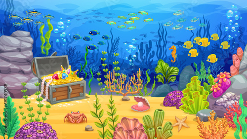 Cartoon underwater landscape. Pirate treasure chest, fish shoal and seaweeds on sand bottom of ocean coral reef. Blue sea waves vector game background, tropical fish, starfish, seahorse and seashell