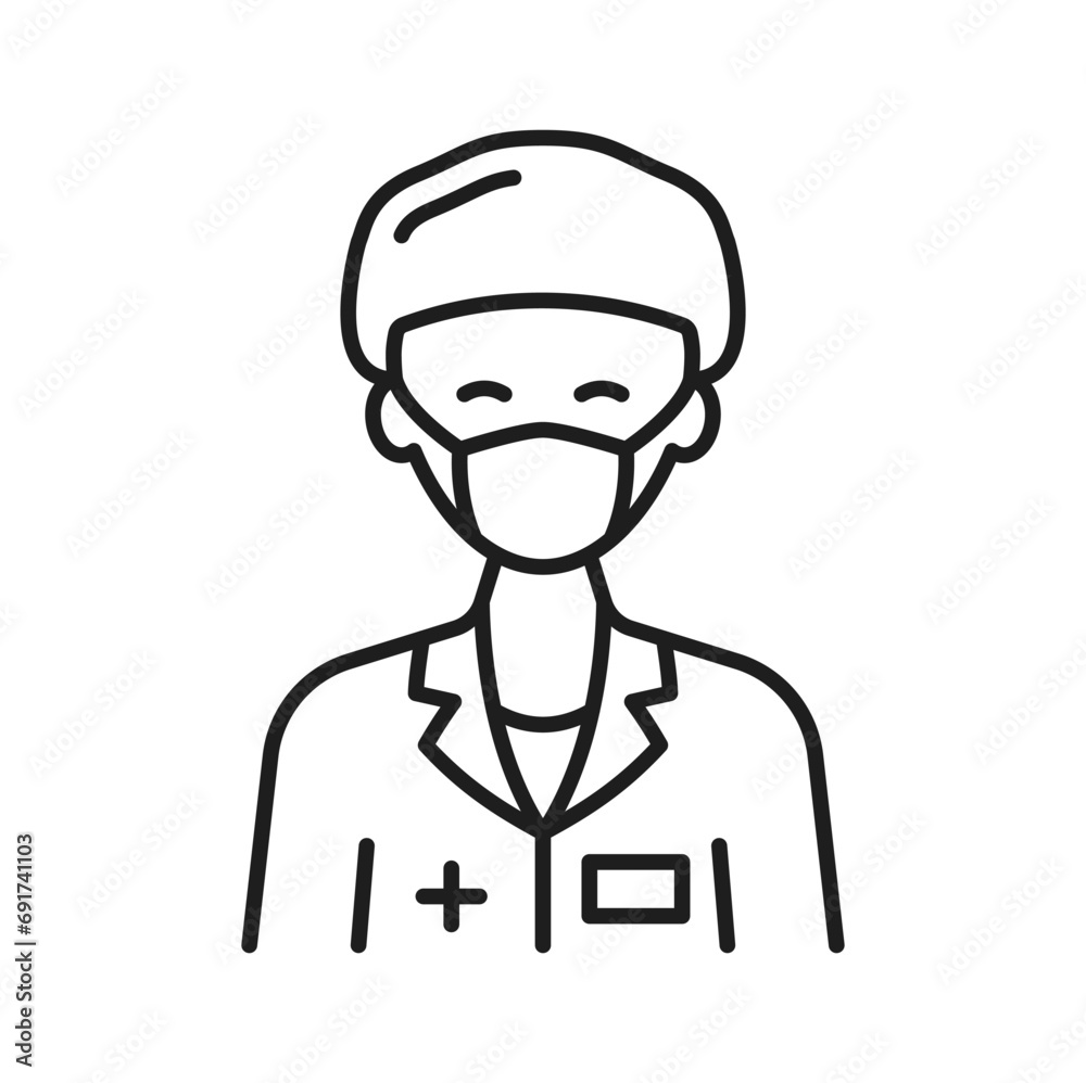 Chicken pox doctor in protective mask isolated outline icon. Vector nurse treating skin problems, flu and fever. Healthcare medical worker Chicken pox doctor in protective mask isolated outline icon. Vector nurse treating skin problems, flu and fever. Healthcare medical worker