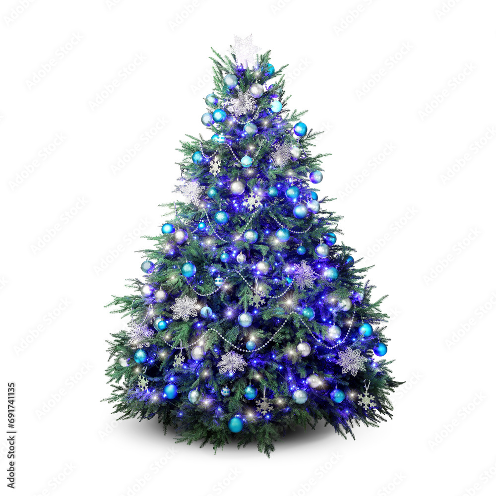 Christmas tree decorated with ornaments and festive lights isolated on white Christmas tree decorated with ornaments and festive lights isolated on white