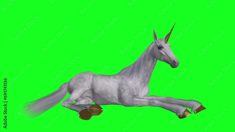White Unicorn Horse - Laying Loop - Side View CU - Green Screen - Realistic 3D animation isolated on green background White Unicorn Horse - Laying Loop - Side View CU - Green Screen - Realistic 3D animation isolated on green background