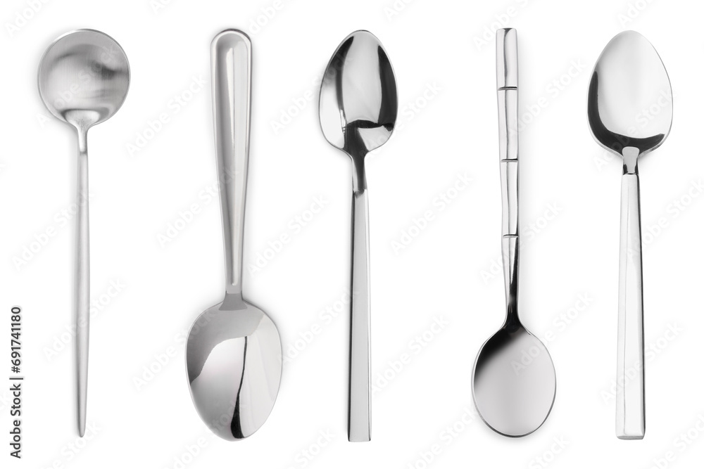 Different stylish silver spoons on white background - obrazy, fototapety, plakaty 