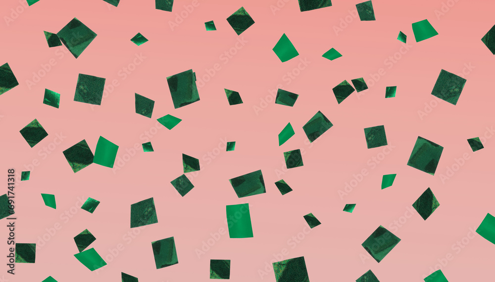 Shiny green confetti falling on coral background. Banner design Shiny green confetti falling on coral background. Banner design