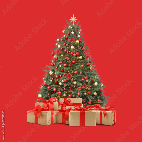 Beautiful Christmas tree with many gift boxes under on red background