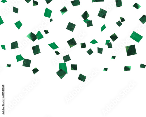 Shiny green confetti falling on white background photo