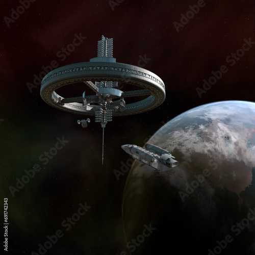 Fototapeta Naklejka Na Ścianę i Meble -  Space Station Habitat in Orbit around a Blue Green Planet, 3d digitally rendered science fiction illustration