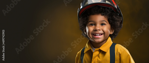 Latino boy with afro hair dressed as a firefighter playing to fulfill his dreams and goals in the future photo