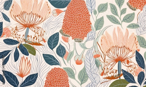 Pink and Red Banksia Art, Native Flowers Pattern Fabric Textile Art Eco Nature Botanical Soft Colours Eco Natural Colours Muted Tones soft pink and orange, red, blue shades, leaves 