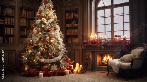 Beautiful living room with a fireplace, decorated New Year tree, candles and gift boxes. Christmas ambience. AI Generated