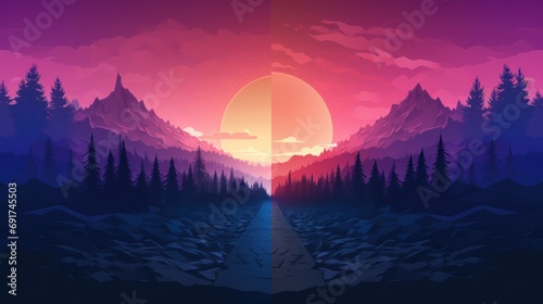 two lilac evening sunset backgrounds with a snowy cold evening landscape under the big setting sun.