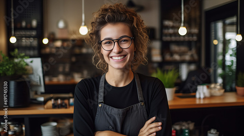 A cheerful woman with a bright smile stands behind the bar, her glasses perched on her nose and an apron tied around her waist, ready to serve a refreshing bottle of drinks against a colorful wall ba photo