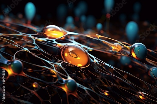 Art poster. Nanotechnology in virtual reality. Artificial intelligence neural network. Synthetic matter and digital mind. 3d illustration of fantastic, Generative AI  photo