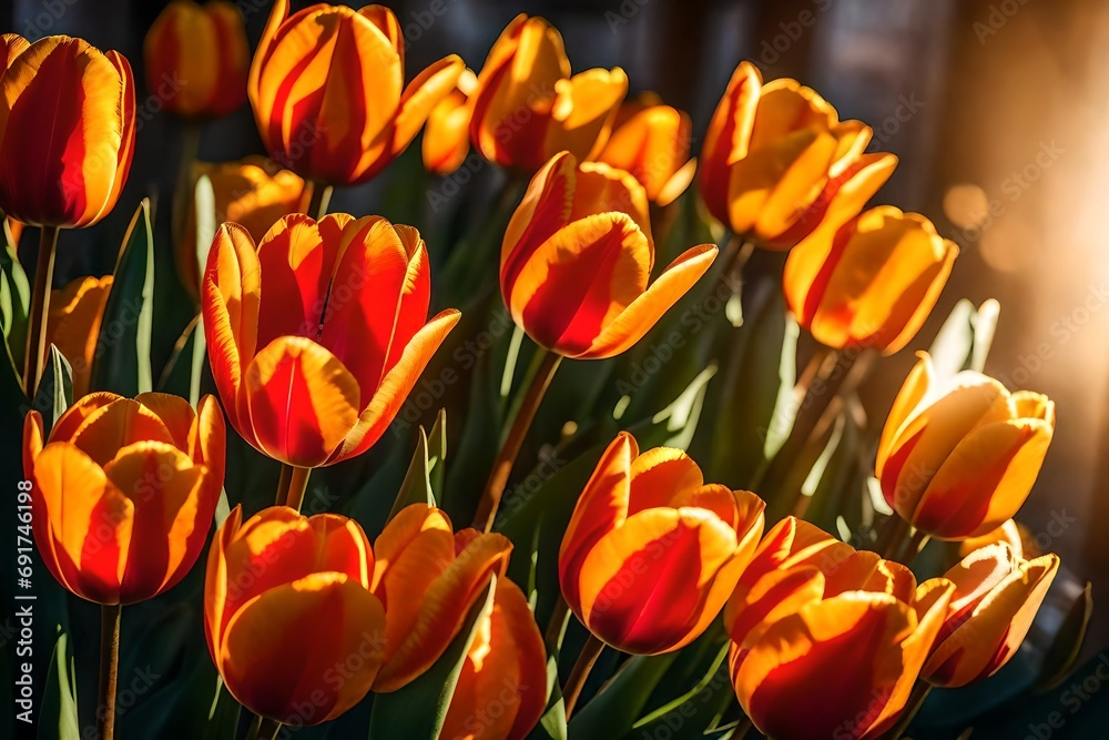 A vibrant bouquet of tulips bathed in golden sunlight, showcasing their intricate petals and rich colors