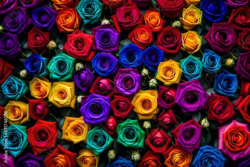 A surreal composition of rainbow-colored roses  each petal showcasing a different hue  creating a mesmerizing kaleidoscope