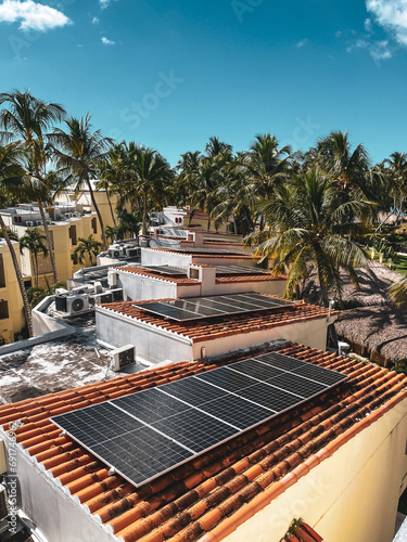 solar panels on the roof of a resort hotel