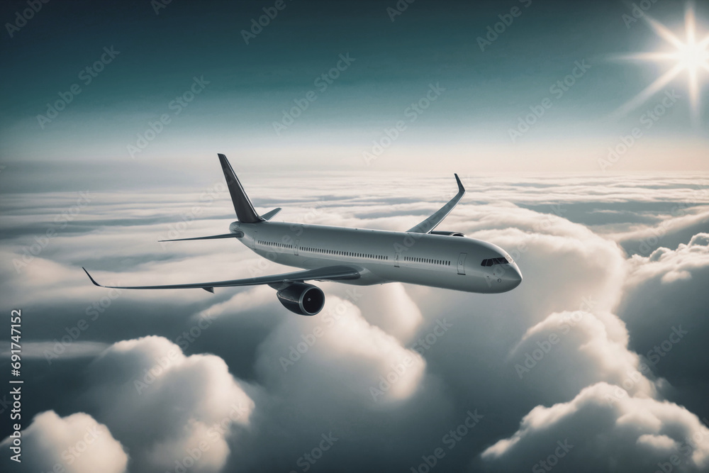 The passenger plane is above the sea of clouds - obrazy, fototapety, plakaty 