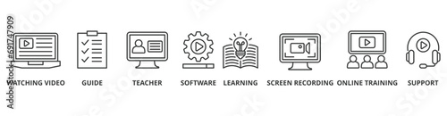 Video tutorial banner web icon vector illustration concept with icon of watching video, guide, teacher, software, learning, screen recording, online training, support