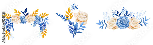 Watercolor blue roses floral bouquet, frame of blue rose, winter blue flower gentle clip art, for invitation, celebration, wedding invitation, etc.