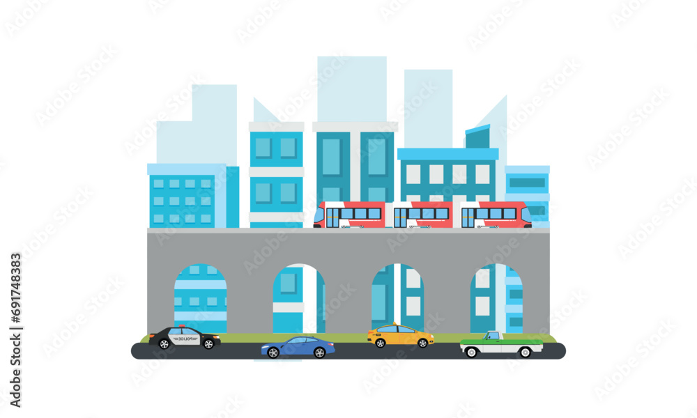 2D Traffic city with building view landscape, flat design illustration background, side view, more car and train