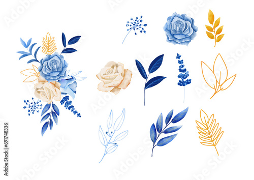 Watercolor blue roses floral bouquet, frame of blue rose, winter blue flower gentle clip art, for invitation, celebration, wedding invitation, etc.