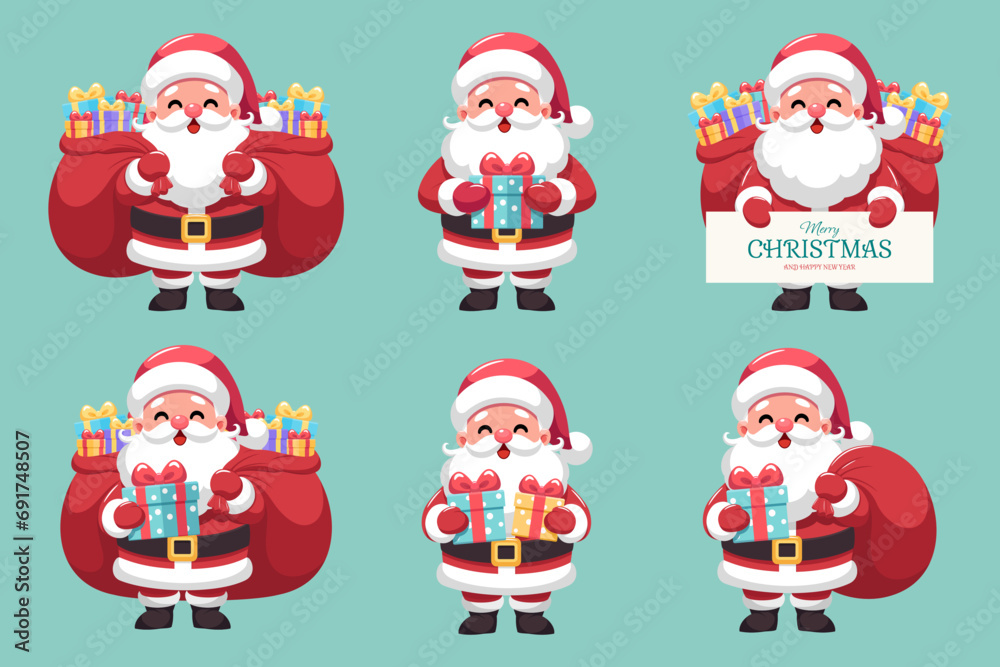 Set of smiling Santa Claus with red big bag of presents, gift boxes, merry Christmas signboard. Holiday elements vector illustration.