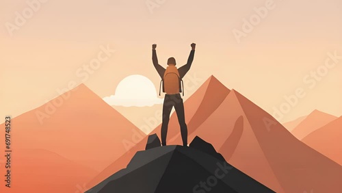 A mountain climber with their arms raised in victory reaching the peak and feeling proud of their individual Psychology emotions concept. photo