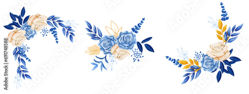 Watercolor blue roses floral bouquet, frame of blue rose, winter blue flower gentle clip art, for invitation, celebration, wedding invitation, etc.
