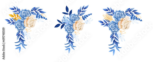 Watercolor blue roses floral bouquet, frame of blue rose, winter blue flower gentle clip art, for invitation, celebration, wedding invitation, etc.