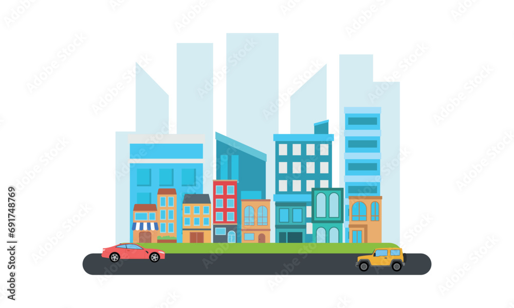 Flat style design illustration Traffic on the city with traffic light and side view city landscape view background, Flat style design illustration