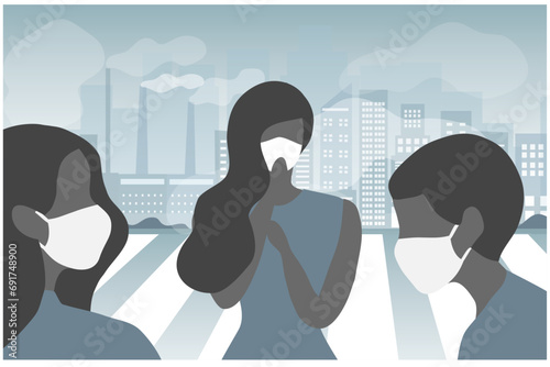 People wearing face masks tor protect smoke, pm 2.5, dust and air pollution in city, factory pipes and industrial smog vector illustration. Environment and air pollution concept background