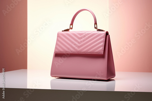 Elegant pink handbag on a soft pink and beige background with a minimalist style and luxury fashion concept.