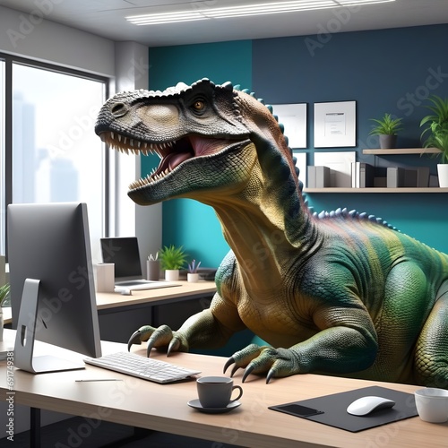 Dinasaur with computer, office worker concept, anthropomorphic reptile photo