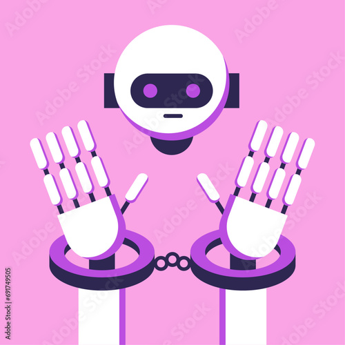 Ai Robot in handcuffs. Crimes of artificial intelligence. Ethical use of AI. Flat vector illustration.