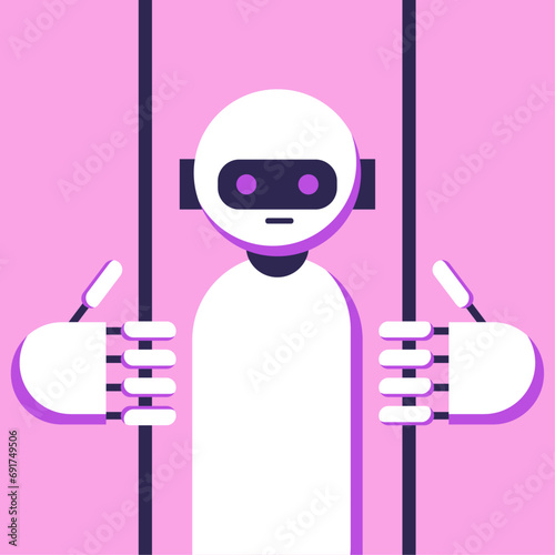 Robot is in prison. Crimes of artificial intelligence. Ethical use of AI. Flat vector illustration.