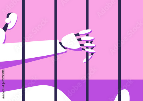Ai Robot is in prison. Crimes of artificial intelligence. Ethical use of AI. Flat vector illustration.